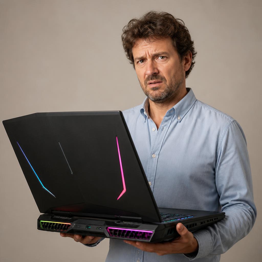 Marc, la quarantaine, tenant un PC gamer RGB clairement pas fait pour lui